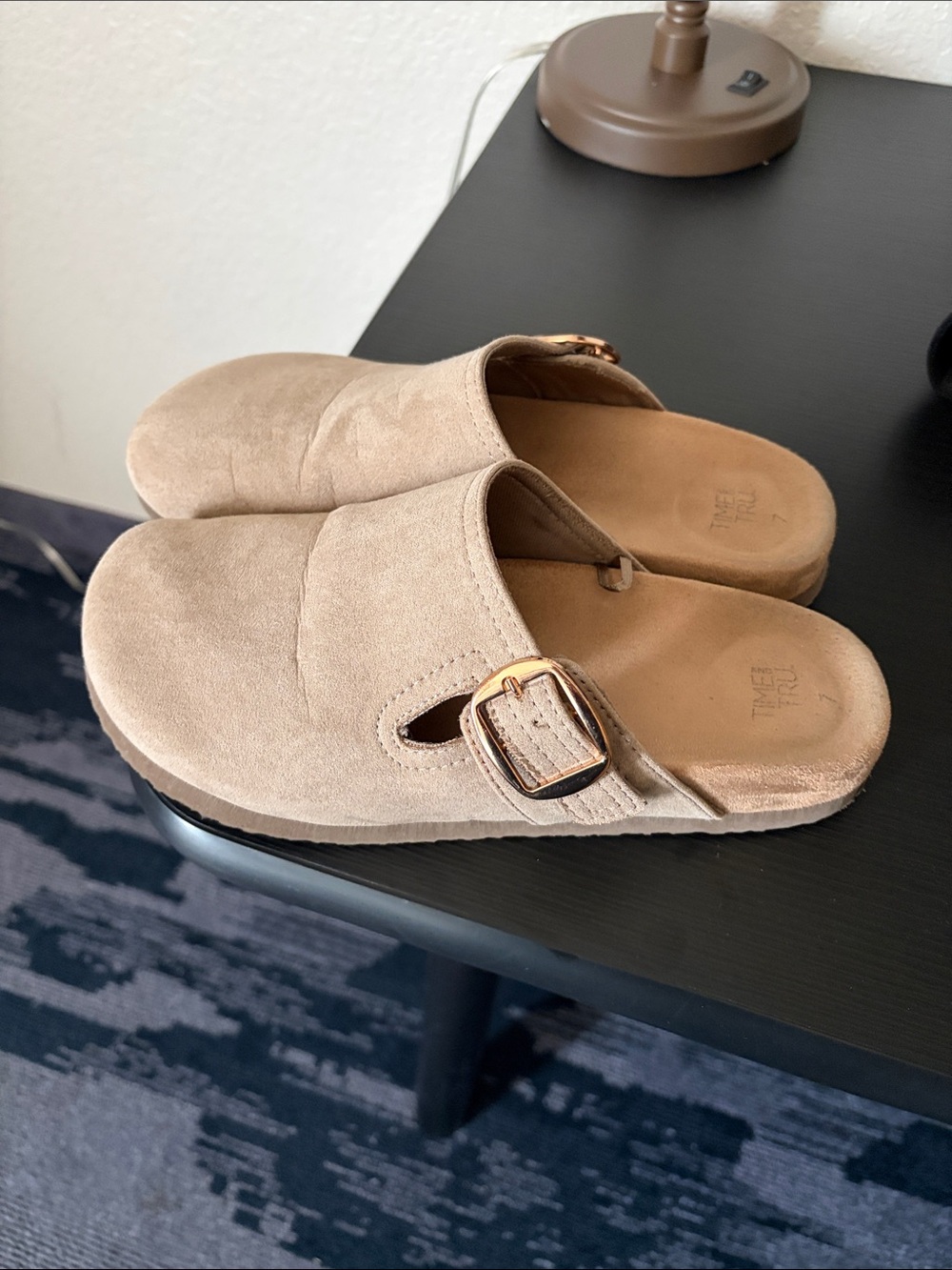 Time & Tru Tan Suede Slip-On Clogs with Buckle - 7